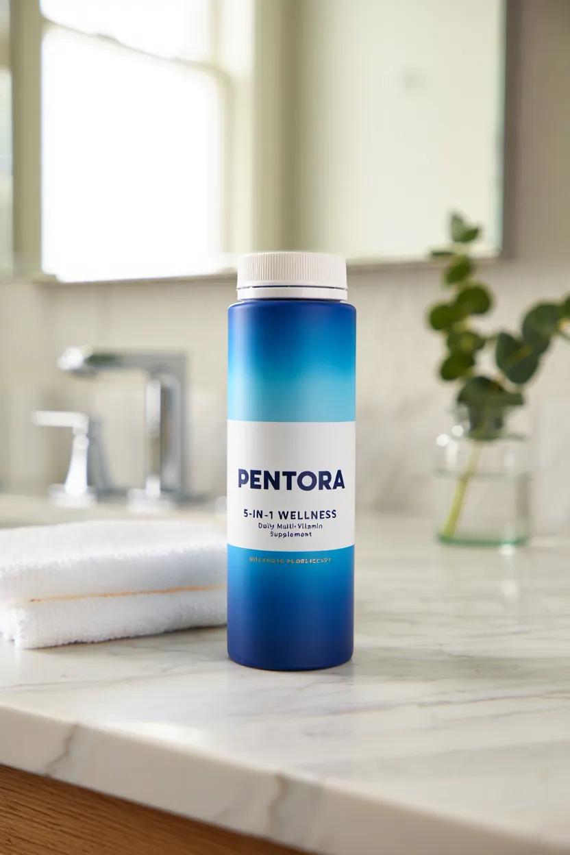 Pentora 5-in-1 wellness supplement bottle with blue and white packaging